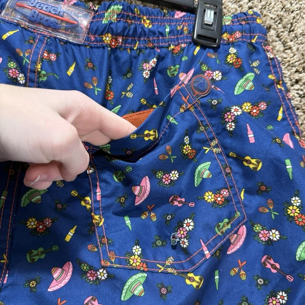 Beach Bros Swim Trunks Men's L Blue Mexican Fiesta Print Board Shorts Mesh Lined